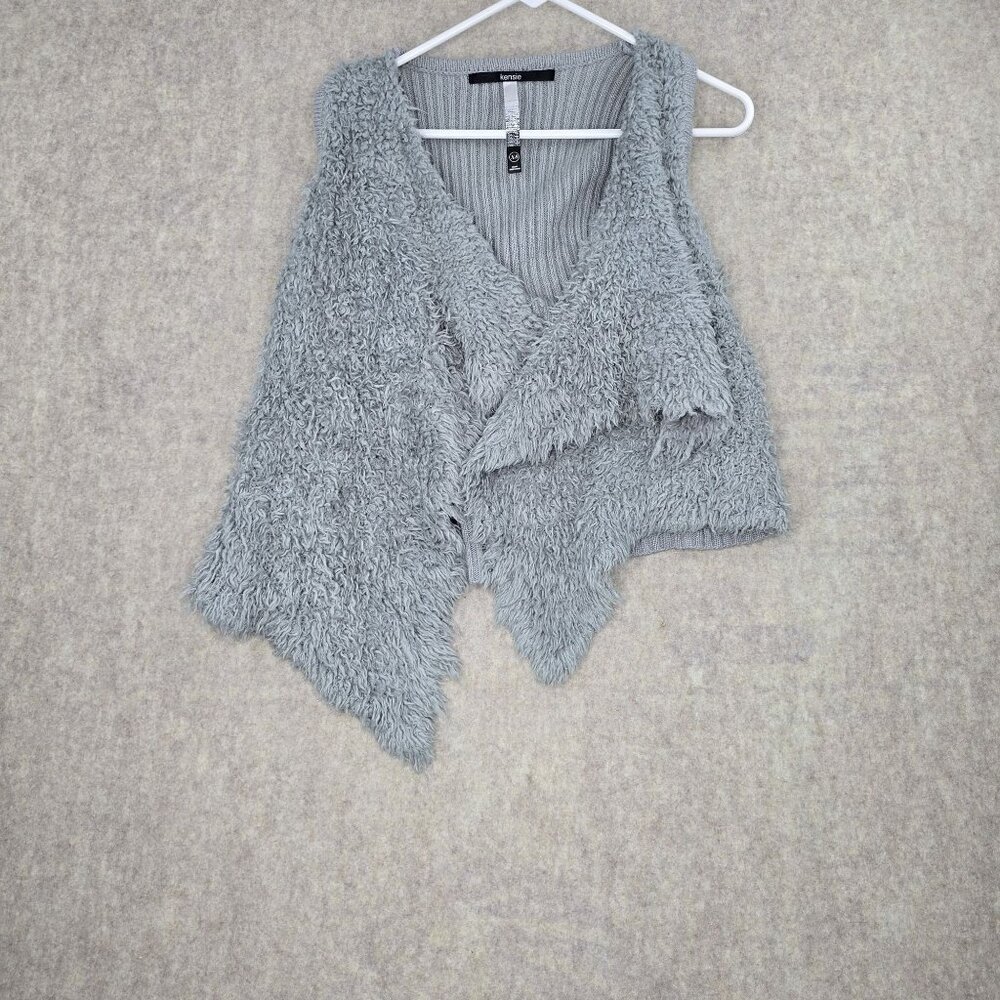 Kensie Gray Faux Fur Knit Vest XS Open Front Asymmetric Hem Nylon Acrylic Blend